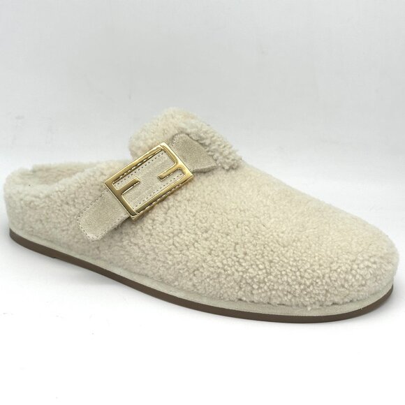 FENDI Feel FF Shearling  Buckled Sabots Mules Slides Flat Clog Sandals - Picture 12 of 16